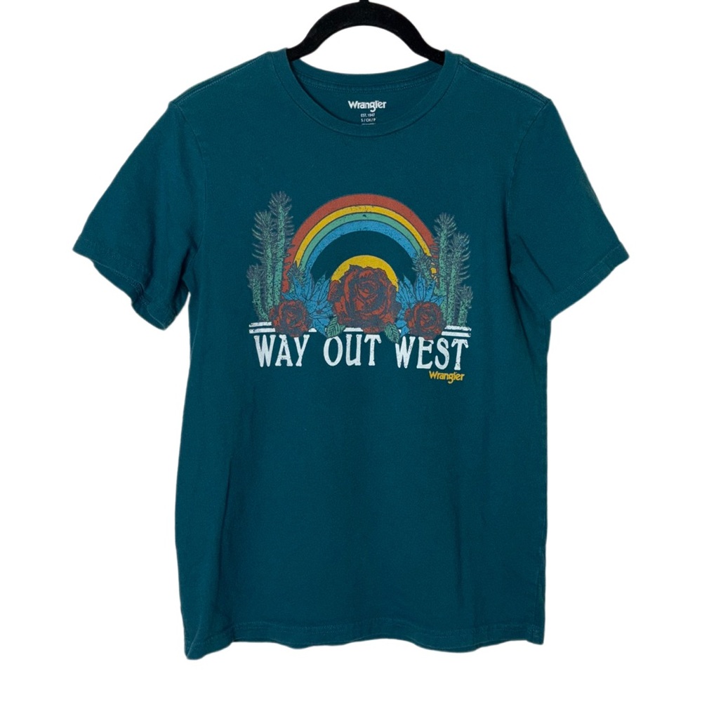 Wrangler graphic tee women's size small "Way Out West" casual T-shirt teal blue